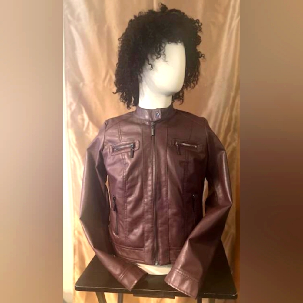 Joujou women's small brown faux leather jacket with grey faux fur lining